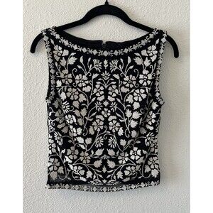Vintage Tadashi Shoji Women's Top XS Beaded Floral Boat Neck Sleeveless 90's Y2K